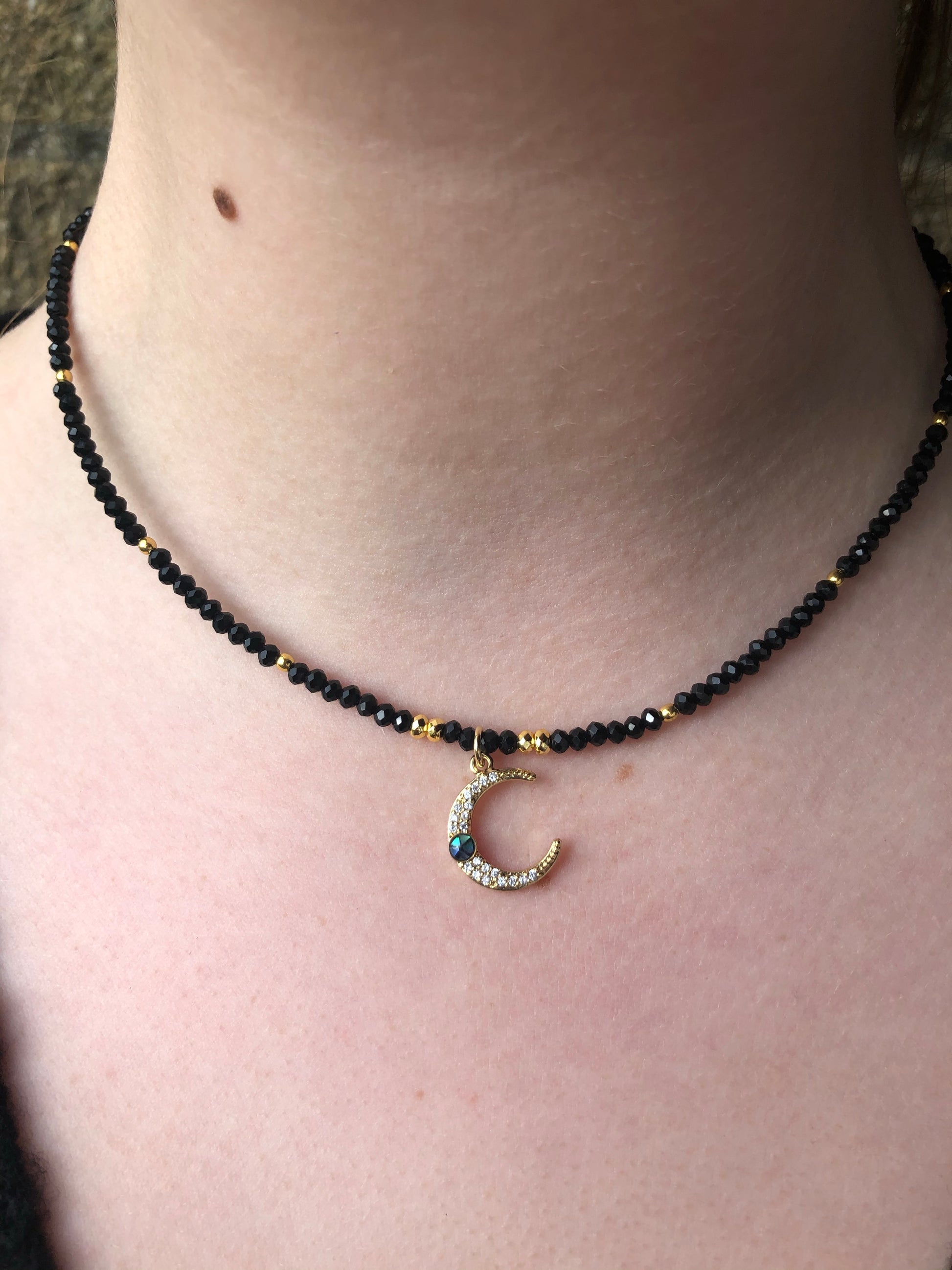 Black Beaded Necklace with Cresent Moon