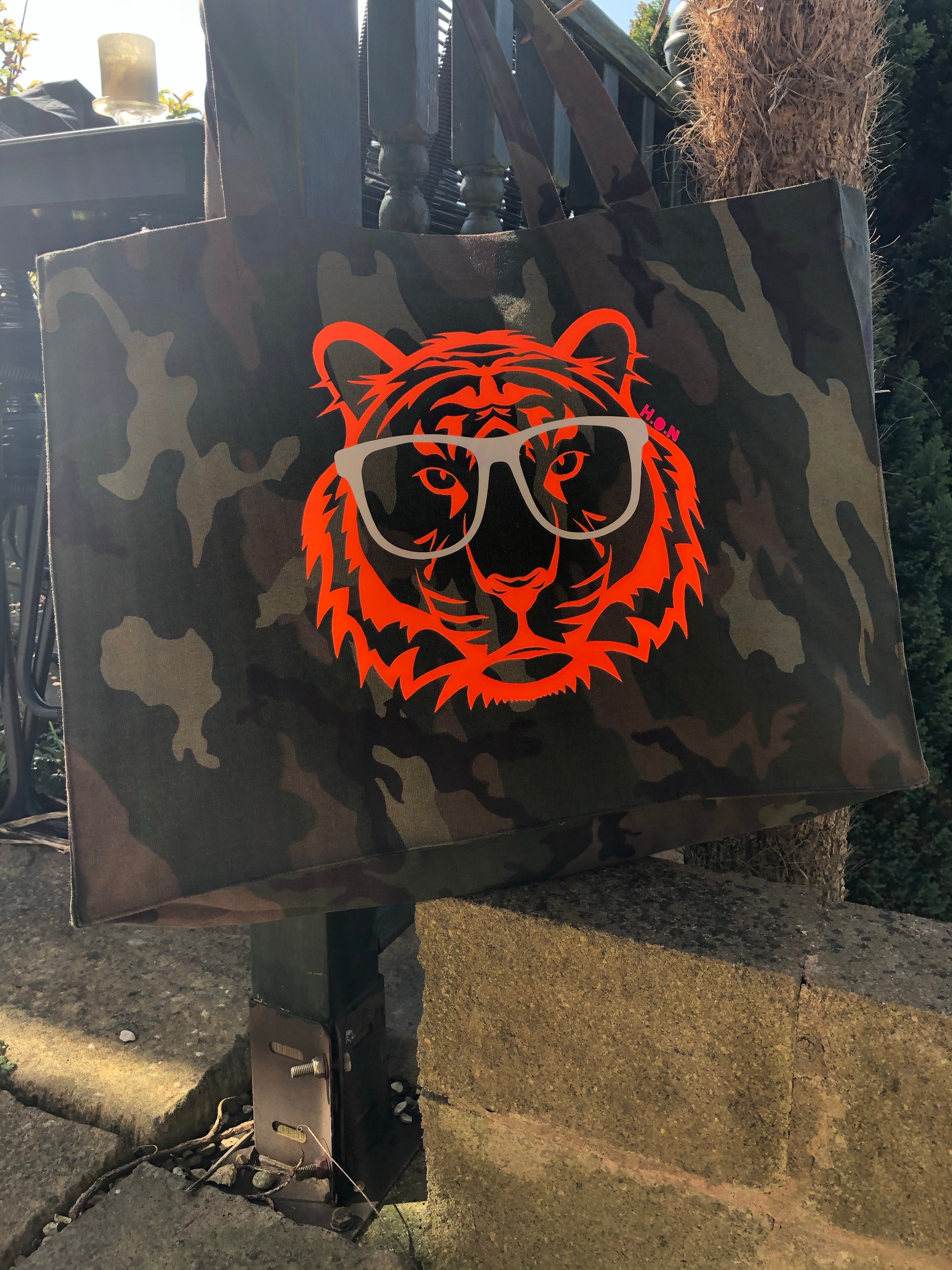 Neon Orange Tiger on Camo Tote
